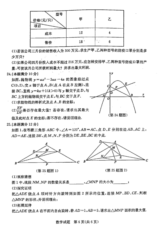 2020年山东东营中考数学真题（已公布）