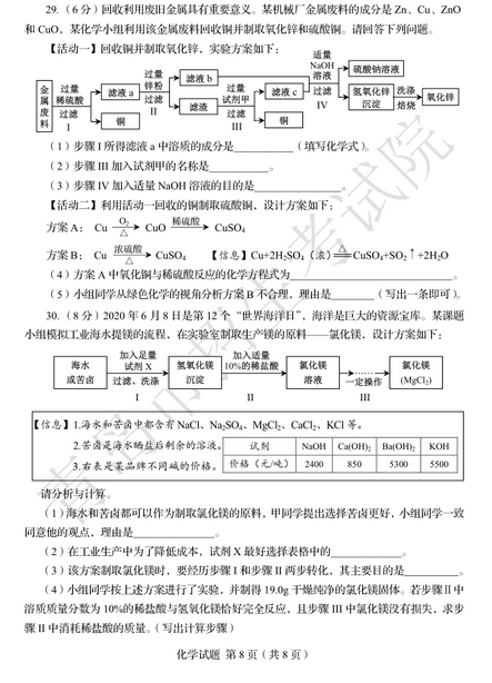 2020年山东青岛中考化学真题（已公布）